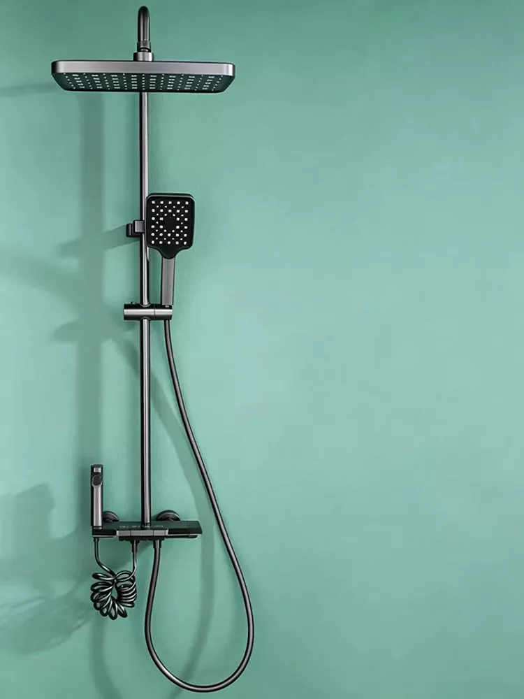 Black overhead shower and handheld spray gun with three spray nozzles set